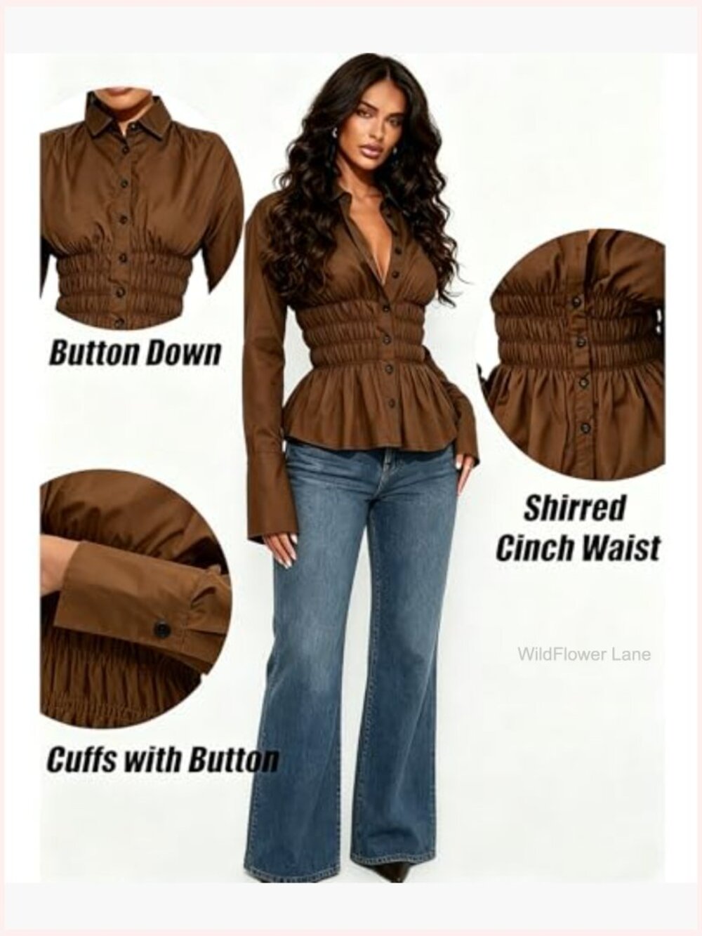 Women Long Sleeve Button Down Fitted Shirts Collared Cinched Waist Tops Office - Picture 4 of 6